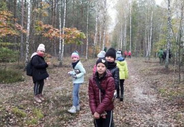 Trzecioklasiści na wycieczce w lesie.